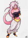  1girl android_21 bare_shoulders blue_eyes breasts cleavage colored_skin detached_sleeves dragon_ball dragon_ball_fighterz earrings full_body harem_pants highres hoop_earrings jewelry long_hair looking_at_viewer majin_android_21 messy_hair navel pants pink_hair pink_skin smile solo standing strapless tail tube_top zurui 