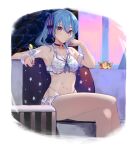  1girl bangs bikini blue_choker blue_eyes blue_hair blue_nails blue_ribbon breasts choker closed_mouth crossed_legs crown crown_removed cup detached_sleeves drinking_glass earrings feet_out_of_frame hair_between_eyes hair_ribbon highres holding holding_cup hololive hoshimachi_suisei jewelry long_hair looking_at_viewer medium_breasts nail_polish navel print_bikini ribbon saco_(cgmore) side_ponytail sitting solo star_(symbol) star_earrings star_tattoo stomach swimsuit tattoo virtual_youtuber white_bikini 