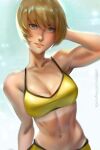  1girl bare_shoulders bikini blush breasts brown_hair cleavage highres muscular muscular_female navel persona persona_4 ragecndy satonaka_chie short_hair smile sweat swimsuit tan tanlines 