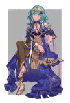 1girl alternate_eye_color alternate_hair_color braid breasts byleth_(fire_emblem) byleth_(fire_emblem)_(female) cleavage closed_mouth cosplay dress fire_emblem fire_emblem:_three_houses green_eyes green_hair hair_ornament hair_ribbon highres large_breasts long_hair medium_hair official_alternate_costume official_alternate_hair_color ribbon ribbon_braid side_braid solo sothis_(fire_emblem) sothis_(fire_emblem)_(cosplay) tachi_(tachibana) tiara twin_braids 