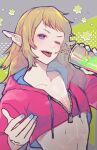  1boy blonde_hair blue_nails crazy_straw crop_top drinking_straw dungeon_meshi elf highres hood hoodie jack_(haist) long_hair lycion notched_ear one_eye_closed pointy_ears purple_eyes red_hoodie soda tattoo tongue tongue_out 