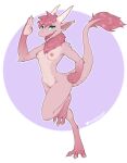  blue_eyes breasts claws crotch_tuft dragon female fur furred_dragon hair hi_res horn neck_tuft nipples nude open_mouth pink_body signature simple_background solo tuft w4g4 