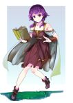  1girl bare_shoulders book collarbone commission dress eruichi_(redphantom) fire_emblem fire_emblem:_the_sacred_stones gradient gradient_background highres holding holding_book low_twintails lute_(fire_emblem) medium_hair open_book purple_dress purple_eyes purple_hair shoes simple_background skeb_commission sleeveless sleeveless_dress smile solo twintails v-shaped_eyebrows 
