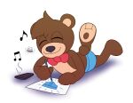  anthro bow_tie boyhowdy brown_body brown_fur clothing drawing fan_character fur listening_to_music lying male mammal oliver_masthay on_front plushie solo teddy_bear underwear ursid 