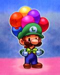  1boy balloon blue_overalls bow bowtie brown_footwear brown_hair chibi closed_mouth commentary facial_hair full_body gloves green_bow green_bowtie green_headwear green_shirt green_sleeves legs_apart leonieyue long_sleeves luigi male_focus mario_(series) mustache outline overalls plumber polka_dot polka_dot_bowtie shadow shirt smile solid_circle_eyes standing thick_eyebrows thumbs_up web_address white_gloves white_outline 