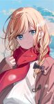 1girl absurdres bangs black_bow blue_eyes bow braid closed_mouth commentary_request hair_bow highres jacket long_hair open_clothes open_jacket original outdoors pink_jacket red_scarf scarf shirt single_braid smile solo upper_body white_shirt yaruwashi 