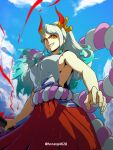  1girl absurdres aqua_hair blue_sky breasts cloud earrings gradient_hair grin hair_ornament hair_stick highres holding holding_weapon hoop_earrings horang4628 horns japanese_clothes jewelry kimono large_breasts long_hair looking_at_viewer multicolored_hair multicolored_horns one_piece ponytail red_horns rope shimenawa sideboob sky sleeveless sleeveless_kimono smile solo twitter_username weapon white_hair yamato_(one_piece) yellow_horns 