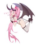  1girl ass black_panties blue_eyes bound bound_ankles bound_wrists breasts choker cleavage collar demon_girl demon_horns demon_wings drooling heart heart-shaped_pupils highres horns leotard long_hair looking_at_viewer midfinger mole mole_on_ass open_mouth original panties pink_hair ponytail restrained saliva small_breasts solo symbol-shaped_pupils thick_thighs thighhighs thighs thong underwear white_thighhighs wings 