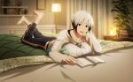  1boy barefoot bed bed_sheet bedroom black_hair book curtains fingernails hair_between_eyes highres idolmaster idolmaster_side-m kitamura_sora lamp long_sleeves looking_at_viewer male_focus midriff_peek multicolored_hair official_art open_mouth pajamas pillow plant print_bed_sheet print_curtains toenails toes white_hair 