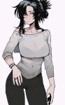 1girl black_hair blue_eyes bracelet breasts closed_mouth collarbone cowboy_shot gills highres jewelry pants ratatatat74 ring ringed_eyes shark_girl shirt simple_background solo standing thigh_gap 