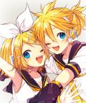  1boy 1girl ;d arm_up bangs blonde_hair blue_eyes blush bow detached_sleeves hair_bow hair_ornament hairclip headphones headset highres hug kagamine_len kagamine_rin kaho_0102 neckerchief necktie one_eye_closed open_mouth parted_bangs ponytail sailor_collar shirt short_hair short_sleeves sleeveless sleeveless_shirt smile vocaloid 