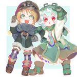  2girls :d :o absurdres arm_up blonde_hair boots border braid breasts brown_footwear brown_gloves brown_headwear capelet clenched_hand clenched_hands coat commentary_request daeodon female_child flipped_hair full_body fur-trimmed_coat fur-trimmed_sleeves fur_trim glasses gloves green_background green_eyes green_footwear green_gloves green_hair green_headwear green_necktie green_skirt grey_capelet grey_coat grey_thighhighs hat headlamp helmet highres legs_apart locked_arms long_hair long_sleeves looking_at_viewer made_in_abyss medium_hair multicolored_hair multiple_girls necktie open_mouth outside_border pointing pointing_up pouch prushka red_eyes riko_(made_in_abyss) shirt simple_background skirt small_breasts smile standing streaked_hair teeth thighhighs tsurime twin_braids twintails upper_teeth white_border white_shirt winter_clothes winter_coat 