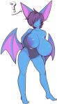  anthro areola big_breasts black_hair blue_areola blue_body blue_nipples breasts camel_toe clothing female hair hair_over_eyes hi_res huge_breasts nintendo nipples one-piece_swimsuit one_breast_out plantpenetrator pok&eacute;mon pok&eacute;mon_(species) question_mark solo swimwear video_games wings zubat 