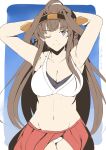  1girl ahoge alternate_costume armpits arms_behind_head arms_up artist_name bikini border breasts cleavage closed_mouth dated highres kantai_collection kongou_(kancolle) large_breasts long_hair looking_at_viewer one_eye_closed outdoors purple_eyes sky solo swimsuit taira_yuuki very_long_hair white_border 