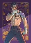 1boy arm_tattoo back_tattoo bandaged_hand bandages black_hair blood blood_on_bandages blood_on_face blood_on_hands blue_eyes chest_tattoo clenched_hand earrings irezumi jewelry jojo_no_kimyou_na_bouken kujo_jotaro male_focus muscular muscular_male nononorits nosebleed short_hair signature stardust_crusaders tattoo thick_eyebrows topless_male v-shaped_eyebrows wiping_face yakuza 