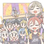  6+girls :o arashi_chisato band_shirt black_hair black_shirt blonde_hair blue_hair bow braid brown_hair colored_tips crying double_bun east_sha2 flower hair_behind_ear hair_between_eyes hair_bow hair_bun hair_flower hair_ornament hazuki_ren heanna_sumire hiiragi_mao_(love_live!) hijirisawa_yuuna holding light_stick love_live! love_live!_superstar!! merchandise multicolored_hair multiple_girls official_art onitsuka_natsumi open_mouth orange_hair pink_flower pink_hair purple_hair red_hair sakurakouji_kinako shibuya_kanon shirt short_hair single_side_bun smile stage streaked_hair sunny_passion surprised tang_keke twin_braids twintails wakana_shiki white_bow white_hair yoneme_mei 