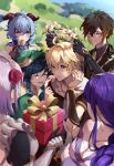  3boys 3girls absurdres aether_(genshin_impact) ahoge bangs bell black_hair blonde_hair blue_hair closed_eyes flower ganyu_(genshin_impact) genshin_impact gift grey_hair head_wreath highres horns long_hair looking_at_another multicolored_hair multiple_boys multiple_girls neck_bell nezu_(se_aroe) noelle_(genshin_impact) open_mouth purple_eyes purple_hair qingxin_flower raiden_shogun smile two-tone_hair venti_(genshin_impact) white_flower yellow_eyes zhongli_(genshin_impact) 