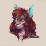  2018 anthro blep blue_inner_ear brown_body brown_fur bust_portrait dated felid female fur glistening glistening_eyes hair lostgoose mammal piercing pink_eyes portrait red_hair signature simple_background solo striped_body striped_fur stripes text tongue tongue_out tongue_piercing url white_body white_fur 