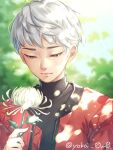  1girl apex_legends black_sweater brown_eyes dappled_sunlight flower grey_hair hair_behind_ear half-closed_eyes holding holding_flower jacket official_alternate_costume portrait red_jacket solo sunlight sweater twitter_username valkyrie_(apex_legends) white_flower yokoi_aya 