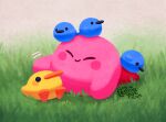  1boy animal animal_focus bird blue_bird closed_eyes closed_mouth duck duckling grass headpat kirby kirby&#039;s_dream_land kirby_(series) leonieyue mixed-language_commentary outdoors smile 