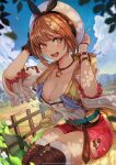  atelier_(series) atelier_ryza belt blue_belt bracelet breasts brown_belt brown_eyes brown_hair cleavage cloud flask gloves hair_ornament hat highres jewelry magion02 necklace open_mouth red_shorts reisalin_stout short_hair short_shorts shorts single_glove sitting sky sleeveless sleeveless_jacket smile star_(symbol) star_necklace thighhighs 