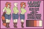  anthro blush canid canine clothed clothing female hand_on_hip hi_res info lilibet_adams_(candygurl) mammal model_sheet raccoon_dog sketchybug solo tanuki turn_around young_adult 
