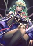  1girl 3h_aria alternate_eye_color alternate_hair_color braid breasts byleth_(fire_emblem) byleth_(fire_emblem)_(female) cleavage closed_mouth cosplay dress fire_emblem fire_emblem:_three_houses green_eyes green_hair hair_ornament hair_ribbon highres large_breasts long_hair medium_hair official_alternate_costume official_alternate_hair_color ribbon ribbon_braid side_braid solo sothis_(fire_emblem) sothis_(fire_emblem)_(cosplay) tiara twin_braids 