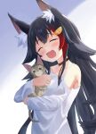  1girl :3 ? absurdres animal animal_ear_fluff animal_ears bare_shoulders belt_collar black_hair blush cat choker closed_eyes collar collarbone hair_flaps highres hololive hug kajitsu_no_hito long_hair long_sleeves multicolored_hair ookami_mio open_mouth red_hair shirt smile solo streaked_hair upper_body very_long_hair virtual_youtuber white_hair white_shirt wolf_ears 