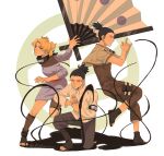  1girl 2boys absurdres black_hair blonde_hair character_request commentary family fantasy father_and_son folded_fan folding_fan forehead_protector full_body hand_fan highres husband_and_wife isahnas looking_at_viewer mother_and_son multiple_boys nara_shikadai nara_shikamaru naruto_(series) naruto_shippuuden ninja ponytail shadow short_hair simple_background squatting standing standing_on_one_leg white_background 