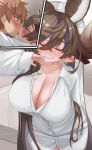  1boy 1girl blush breasts brown_hair cleavage closed_eyes couple draph extra_ears galleon_(granblue_fantasy) gran_(granblue_fantasy) granblue_fantasy harvin hetero highres horns kiss large_breasts luonawei multicolored_hair no_bra no_panties shirt tongue white_shirt 