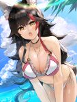 1girl animal_ear_fluff animal_ears beach bent_over bikini black_hair breasts choker cleavage funi_mu9 halter_top halterneck highres hololive large_breasts lens_flare long_hair looking_at_viewer multicolored_hair ookami_mio open_mouth outdoors red_hair spiked_hair streaked_hair swimsuit tail very_long_hair virtual_youtuber wolf_ears wolf_girl wolf_tail yellow_eyes 