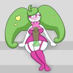  anthro big_breasts big_dildo blush breasts clothing curvy_figure deep_penetration dildo dildo_insertion dildo_sitting dress elemental_creature exceldamage eyelashes female flora_fauna garter_straps genitals green_hair hair hi_res hourglass_figure internal large_penetration looking_aside nintendo penetration penile_spines penis pigtails pink_eyes plant pok&eacute;mon pok&eacute;mon_(species) pseudo_hair sex_toy sex_toy_insertion solo steenee thick_thighs turtleneck video_games white_body wide_hips 