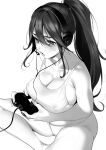  1girl absurdres bare_shoulders blush breasts cleavage commentary_request controller game_controller greyscale hair_between_eyes highres large_breasts long_hair monochrome open_mouth original panties ponytail sitting sleeveless solo thighs toro_tarou underwear 