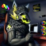  absurd_res anthro black_body black_fur chest_tuft computer controller daniel_neris digital_media_(artwork) fur game_controller gaming glowing hi_res looking_at_viewer machine male mammal monitor powersurge_(character) protogen screen screen_face sitting smile solo tuft video_games 