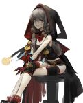  1girl absurdres bandage_on_face bandage_on_thigh bandages belt black_shirt black_shorts boots dokshuri dungeon_and_fighter highres hood ikki_the_vikki knee_pads long_hair looking_at_viewer ornament red_eyes shiny shiny_hair shirt shorts smile solo teeth white_background 