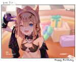  1girl 2022 :d animal_ears bangs bare_shoulders barefoot bikini bikini_top_only black_bikini black_gloves blue_eyes breasts brown_hair cat_ears cat_girl cleavage gift gloves happy_birthday headband highres honkai_(series) honkai_impact_3rd huangtielin357 medium_hair one_eye_closed open_mouth pardofelis_(honkai_impact) smile solo swimsuit v viewfinder 