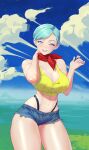  1girl :d aqua_hair arm_behind_head artist_name bangs bare_shoulders black_panties blue_eyes breasts bulma cleavage cloud cowboy_shot curvy cutoffs denim dragon_ball dragon_ball_super earrings english_commentary gabriel_carrasquillo hand_up highleg highleg_panties highres jewelry large_breasts looking_at_viewer midriff nail_polish navel panties purple_nails red_scarf scarf shiny shiny_skin short_hair short_shorts shorts skindentation sky smile solo swept_bangs teeth thick_thighs thighs underwear wide_hips yellow_crop_top 
