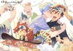  6+boys adam_(sk8) black_shirt blue_hair blush cake closed_eyes flower food green_hair happy_birthday hasegawa_langa headband highres hug joe_(sk8) kiss kissing_cheek kyan_reki male_focus miya_(sk8) multiple_boys one_eye_closed open_mouth orange_eyes orange_hair purple_shirt red_hair shadow_(sk8) shirt short_hair short_sleeves sk8_the_infinity skateboard uppi 