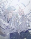  1boy blurry crossed_arms depth_of_field grey_hair hato_(dovecot) highres long_hair long_sleeves looking_at_viewer male_focus mature_male one_eye_covered original solo white_eyes white_hair white_theme 