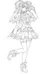  1girl arm_up bow breasts character_request choker cleavage copyright_request cosmic_bear frilled_choker frills full_body greyscale hairband head_tilt high_heels juliet_sleeves leg_up lineart lolita_fashion lolita_hairband long_sleeves looking_to_the_side monochrome puffy_sleeves skirt solo standing standing_on_one_leg thighhighs twintails wings 
