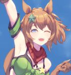  1girl ;d absurdres animal_ears arm_up armpits bandana bandeau bangs bare_shoulders bikini bikini_under_clothes blue_eyes blue_sky brown_gloves brown_hair cloud commentary contrail day gloves hair_ornament hand_up highres horse_ears looking_at_viewer one_eye_closed open_mouth outdoors ponytail short_hair sky smile solo star_(symbol) star_hair_ornament stella_(stella) swimsuit taiki_shuttle_(umamusume) umamusume upper_body 