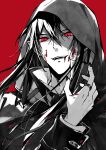  1boy bangs blood blood_on_face cloak commentary_request copyright_request fangs hair_between_eyes highres hood hood_up hooded_cloak long_hair looking_at_viewer male_focus mochizuki_shiina monochrome parted_lips red_background red_eyes simple_background smile solo upper_body 