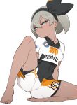  1girl bare_arms bare_legs barefoot bea_(pokemon) black_bodysuit black_hairband bodysuit bodysuit_under_clothes bow_hairband breasts collarbone dark-skinned_female dark_skin full_body gloves grey_eyes grey_hair gym_shirt gym_shorts hair_between_eyes hairband half-closed_eyes highres looking_at_viewer medium_hair nuibashi parted_lips partially_fingerless_gloves pokemon pokemon_(game) pokemon_swsh print_shirt print_shorts shirt short_shorts short_sleeves shorts simple_background sitting small_breasts solo spread_legs tied_shirt toenails toes white_background wing_collar 