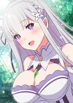  1girl :d absurdres ai_wa_muteki alternate_breast_size bangs blush breasts cleavage clothing_cutout day emilia_(re:zero) forest gem hair_ornament happy highres large_breasts long_hair looking_at_viewer nature pointy_ears purple_eyes re:zero_kara_hajimeru_isekai_seikatsu smile solo upper_body white_hair x_hair_ornament 