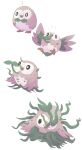  ? animal_focus bird black_eyes boke-chan closed_mouth commentary_request empty_eyes flying_sweatdrops full_body leaf multiple_views no_humans open_mouth parasite plant pokemon pokemon_(creature) rowlet sequential simple_background standing surprised vines white_background 