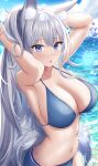  1girl absurdres animal_ears arms_up azur_lane bangs bikini blue_bikini blue_eyes blush breasts cleavage fox_ears fox_girl fox_tail grey_hair highres jyu-so large_breasts long_hair looking_at_viewer outdoors parted_lips shinano_(azur_lane) solo swimsuit tail water wet 