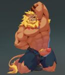  bandai_namco blonde_hair bottomwear clothed clothing digimon digimon_(species) erection genitals hair hi_res leomon male mane muscular nipples open_bottomwear open_clothing open_pants pants penis q1124025703 solo topless 