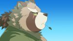  2022 anthro biped blue_background brown_body brown_fur canid canine clothed clothing fur gyobu hi_res kemono leaf lifewonders mammal portrait ptcmtr raccoon_dog scar simple_background solo tanuki tokyo_afterschool_summoners video_games 