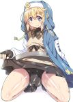  1boy bike_shorts black_gloves blonde_hair blue_eyes blush bridget_(guilty_gear) bulge closed_mouth clothes_lift covered_penis covered_testicles fingerless_gloves gloves guilty_gear guilty_gear_strive hood hood_up jacket kanibasami kneeling lifted_by_self long_hair long_sleeves looking_at_viewer male_focus otoko_no_ko shorts simple_background skirt skirt_lift smile solo sweat testicles thighs white_background 