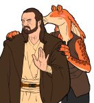  alien beard blush brown_hair duo facial_hair gungan hair human jar_jar_binks kissing_cheek male male/male mammal qui_gon_jinn simple_background star_wars star_wars:_the_phantom_menace white_background 